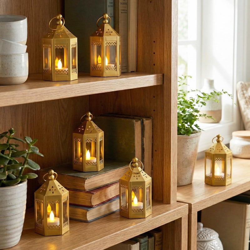 Vela Lanterns Mini Small 4.5 Inch Metal Moroccan Lantern Decorative Candle Tealight Holder for Centerpieces, Home Decor, Weddings, Gold, Set of 6 - Image 3
